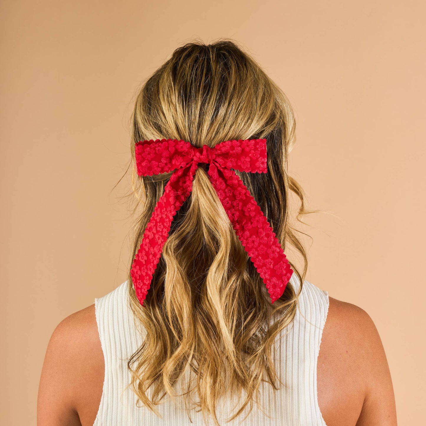 Flower Scallop Hair Bow-Red