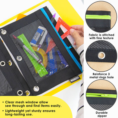 Noir Neon 3-Ring Pencil Pouch with Mesh Window