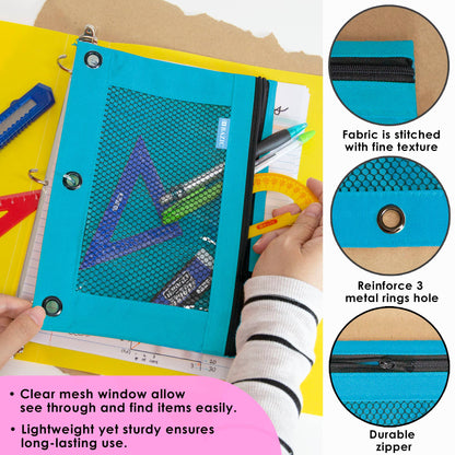 Retro Pastel 3-Ring Pencil Pouch with Mesh Window
