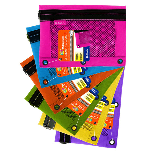 Bright Color 3-Ring Pencil Pouch with Mesh Window