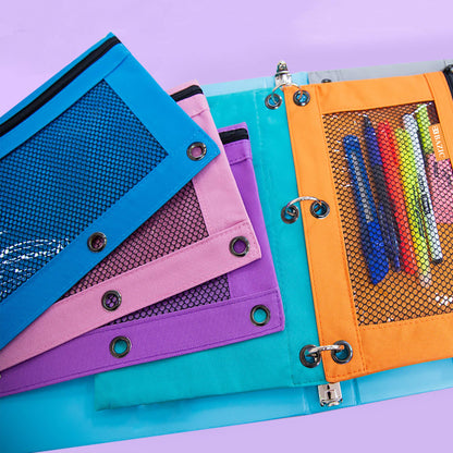 Retro Pastel 3-Ring Pencil Pouch with Mesh Window