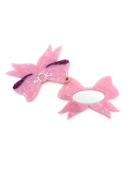 Swing-Hinge Folding Compact Mirror - Ribbon Bow - Pink