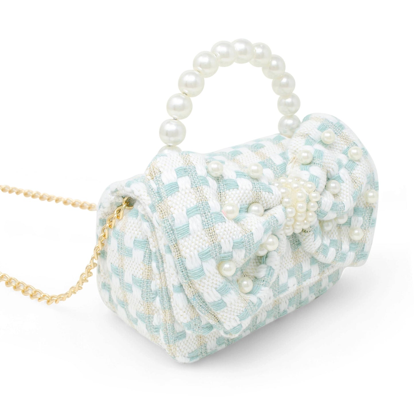 Girls Tweed Jumbo Pearl Bow Handbag