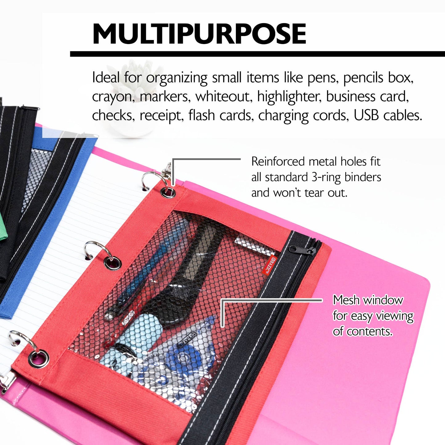 3-Ring Pencil Pouch with Clear Mesh Window
