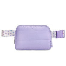 Purple Puffer Belt Bag with Rainbow Heart Strap